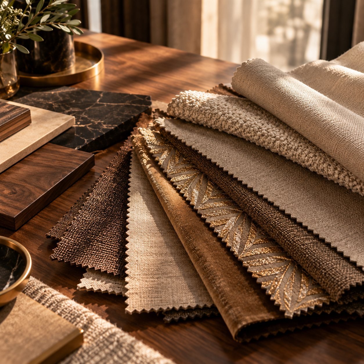 Fan of upholstery fabric swatches in warm neutral tones