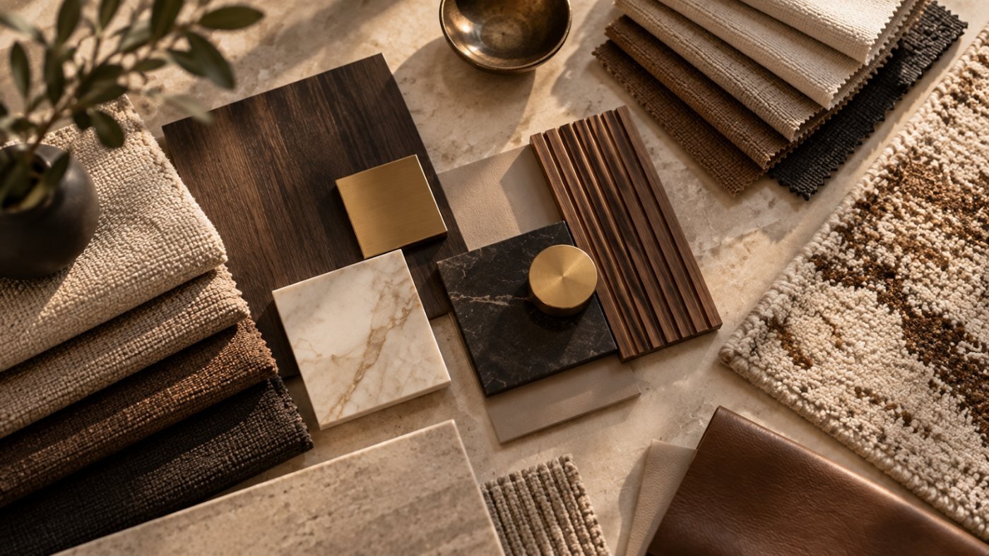 Wood, stone and brass finish samples laid out together