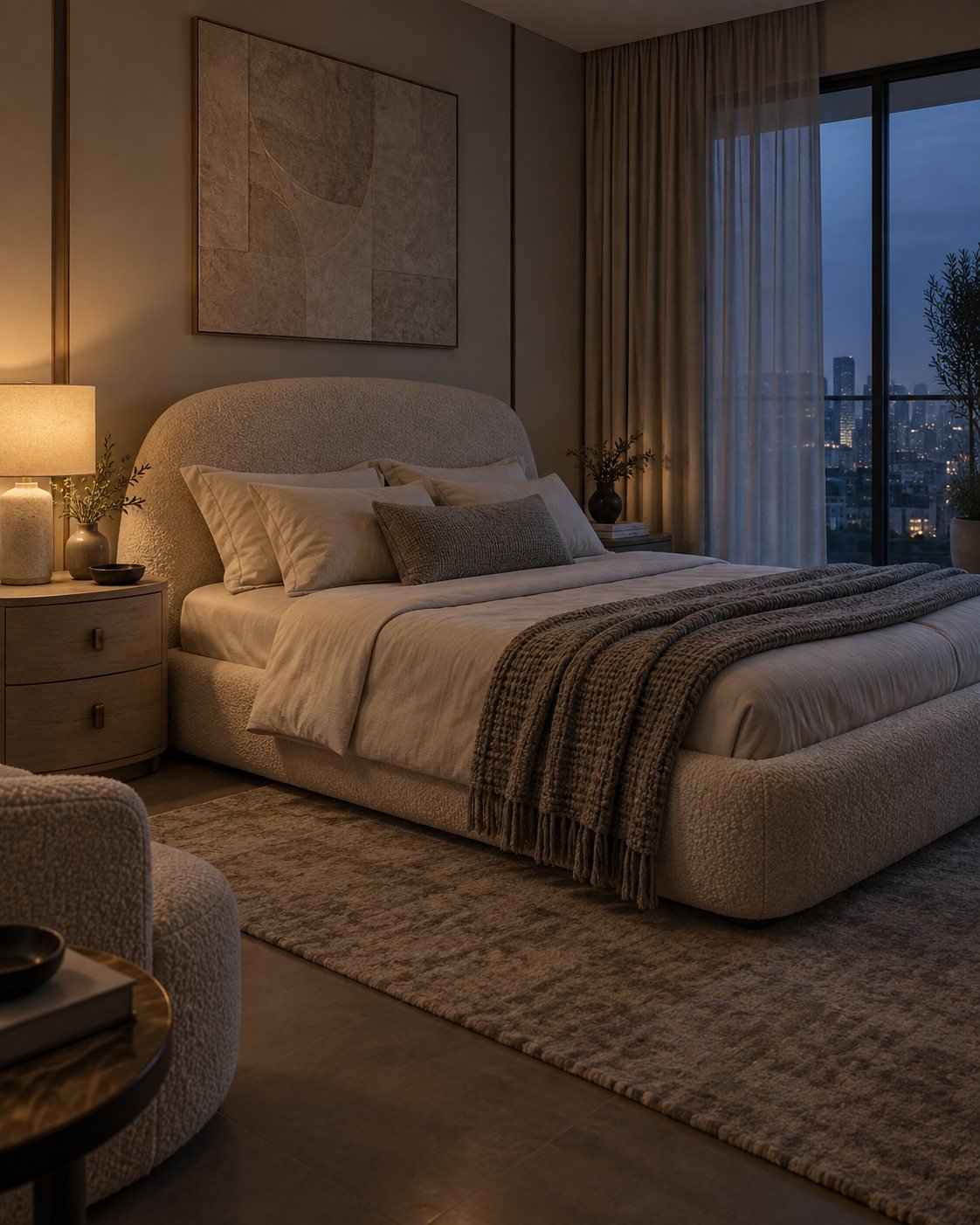 Curved-headboard bed with textured throw beside a large window