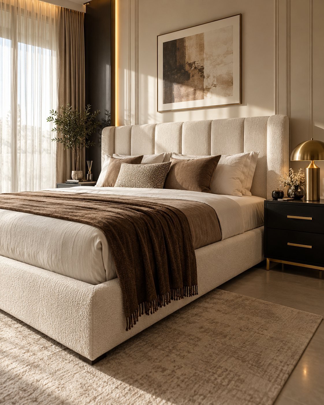 Bed with a tall panelled headboard and layered neutral bedding