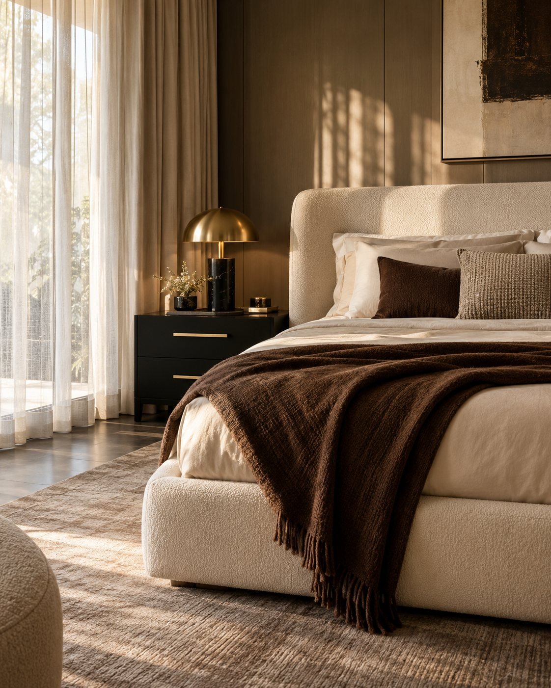 Upholstered bed with chocolate throw and bedside lamp in a warm bedroom