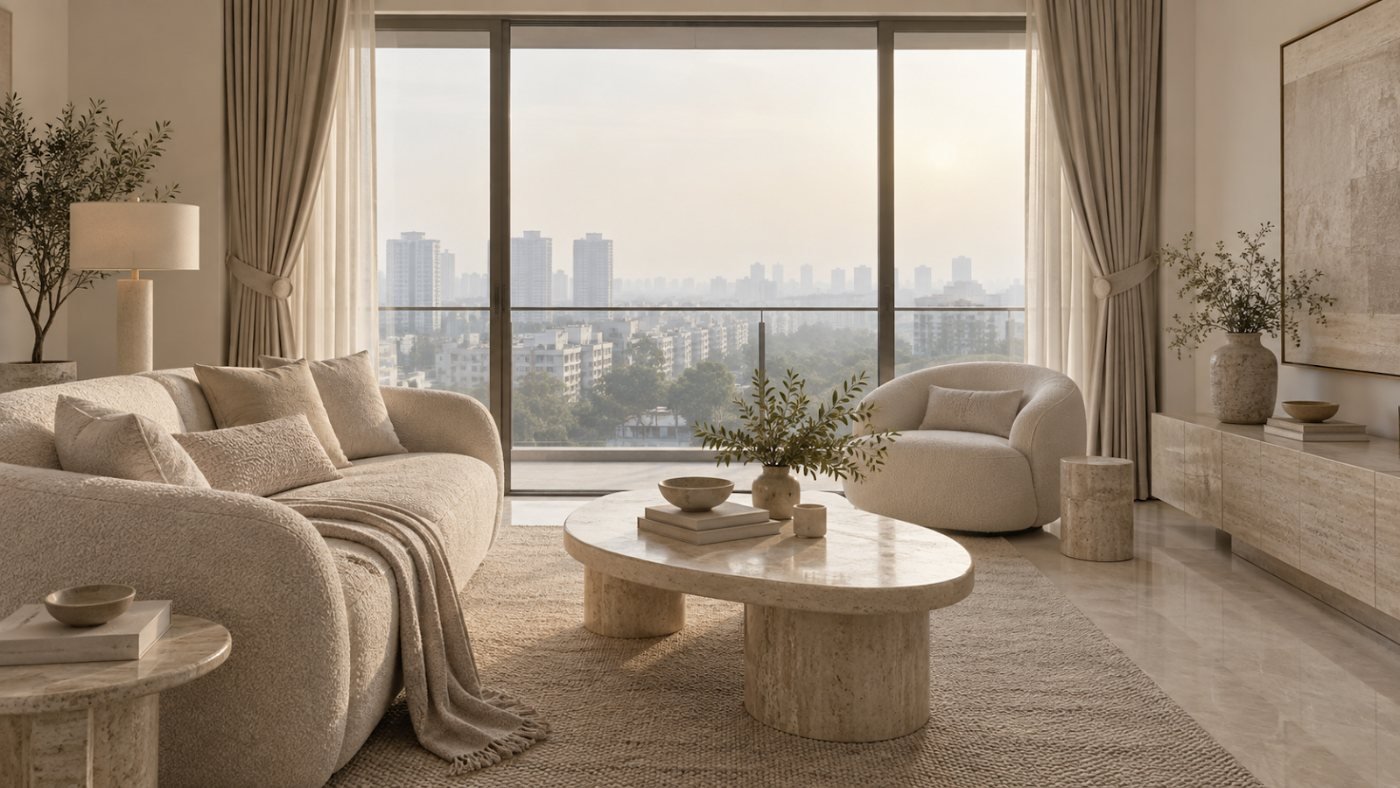 Oval stone coffee table in a bright living room with city views