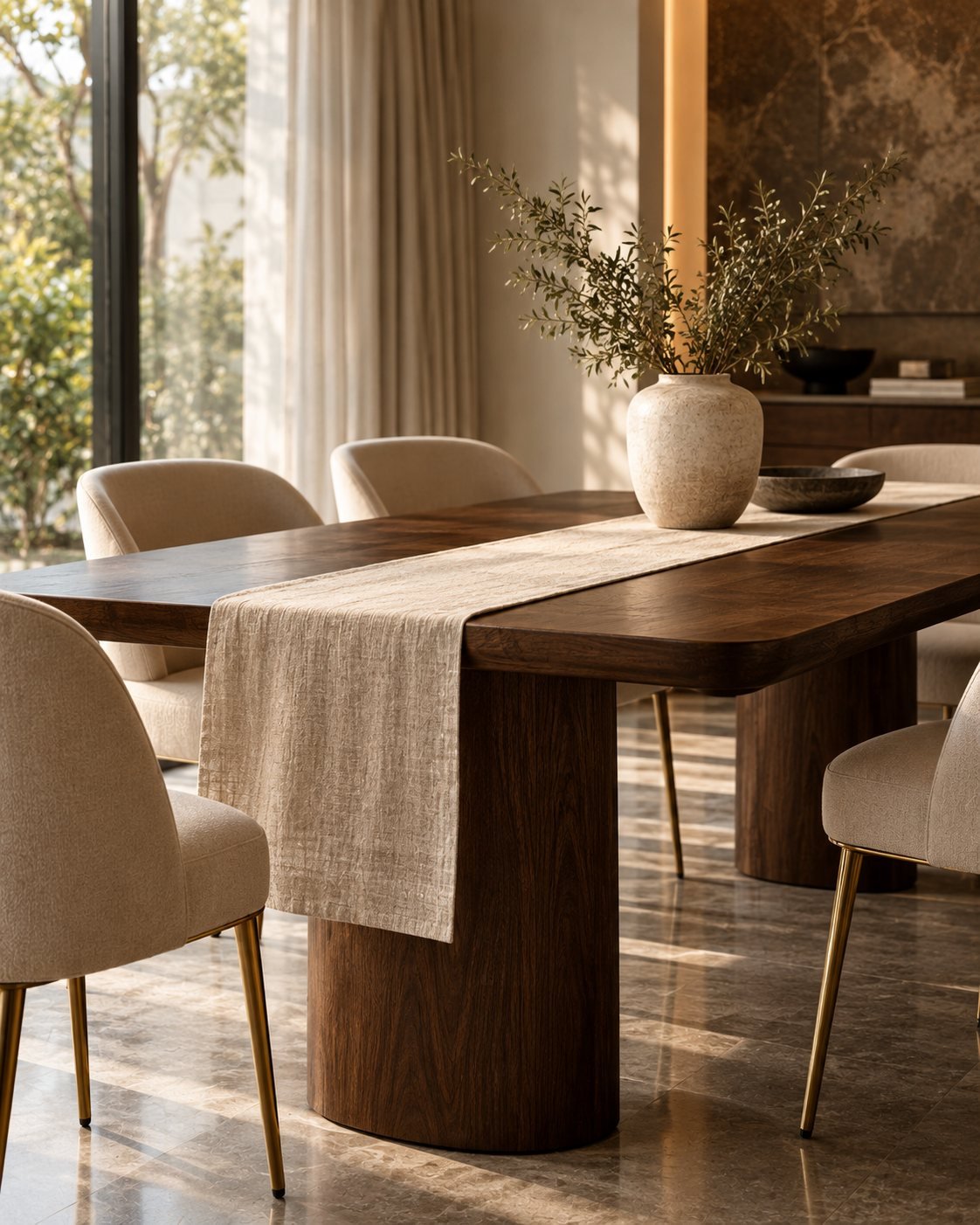 Dining table with runner and upholstered chairs by a sheer-curtained window