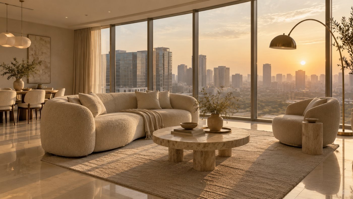 Curved sofa and round coffee table in a living room at sunset