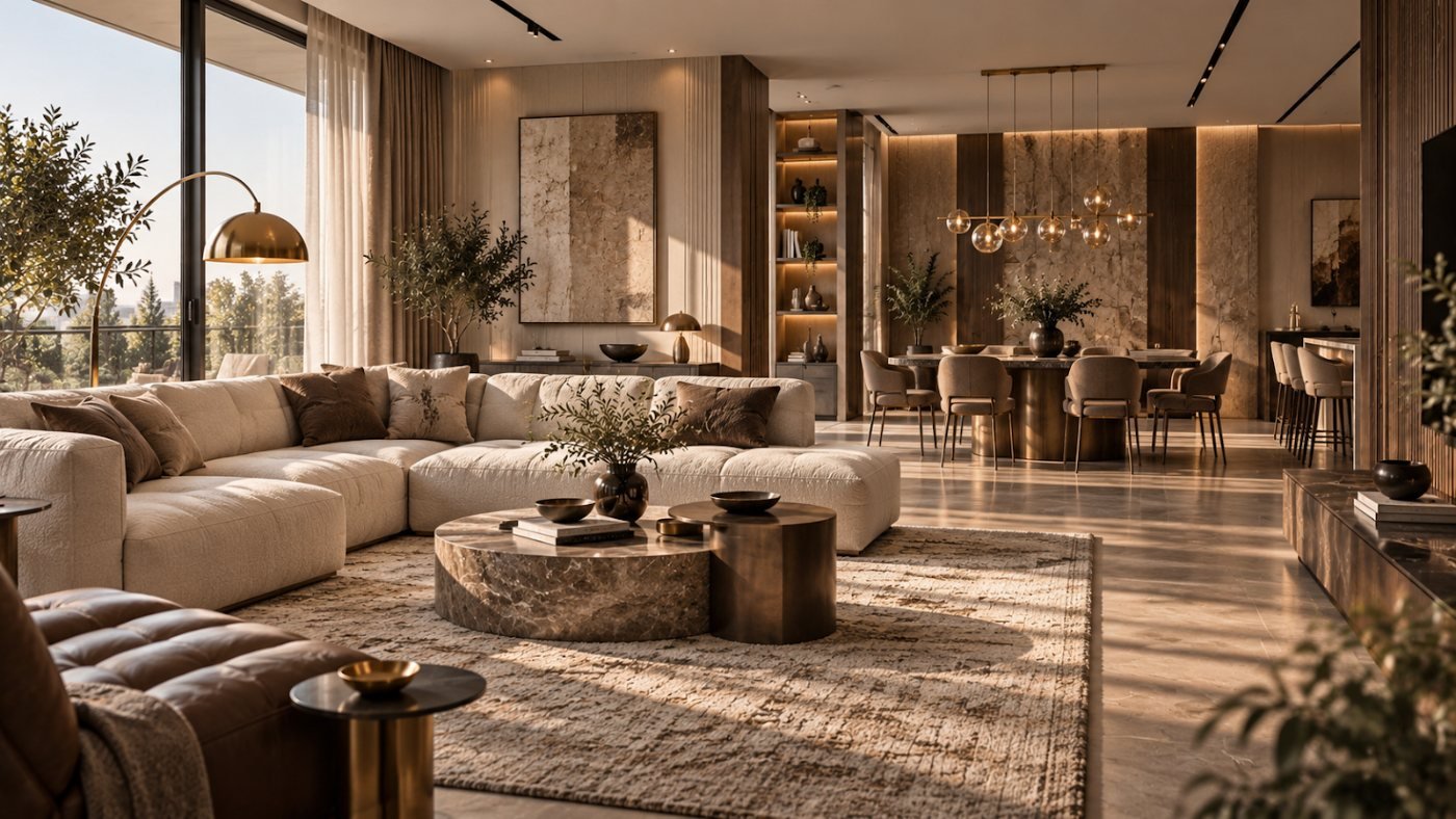 Lounge with sectional sofa, round coffee tables and built-in shelving