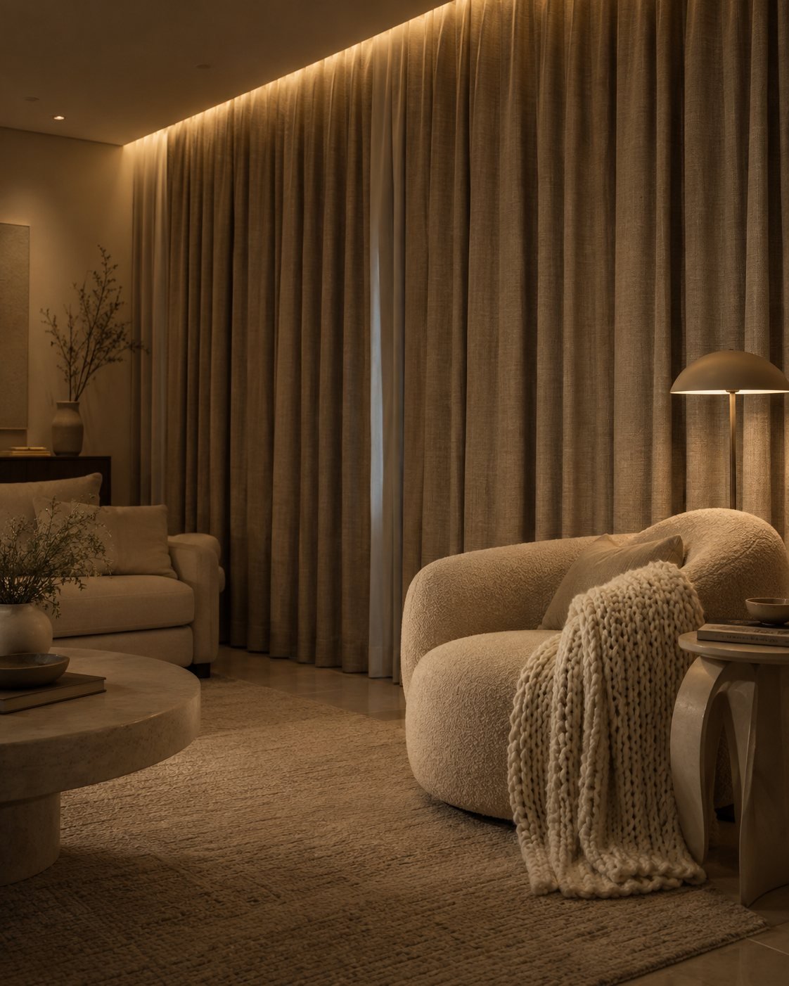 Heavy taupe drapes framing a cosy reading corner with a boucle armchair