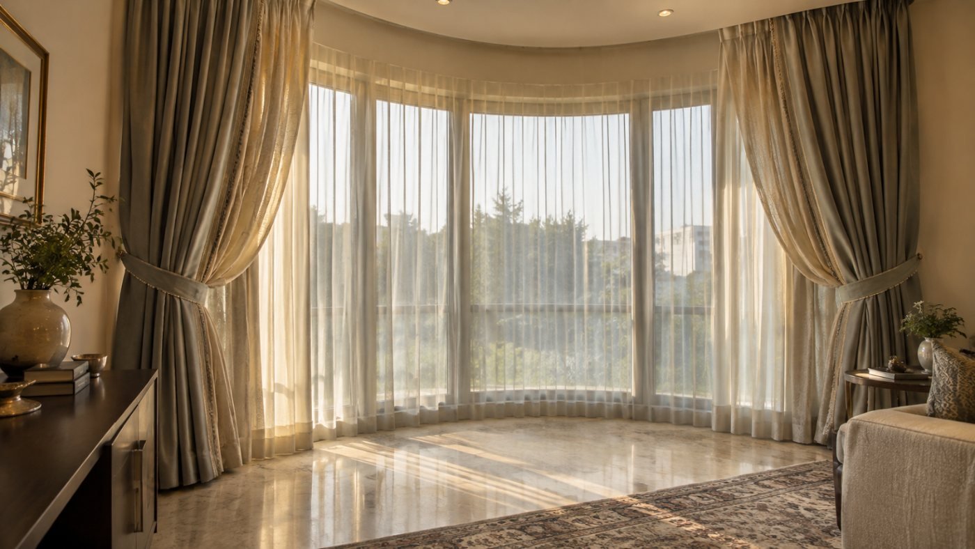 Floor-to-ceiling sheer curtains across a curved bay window