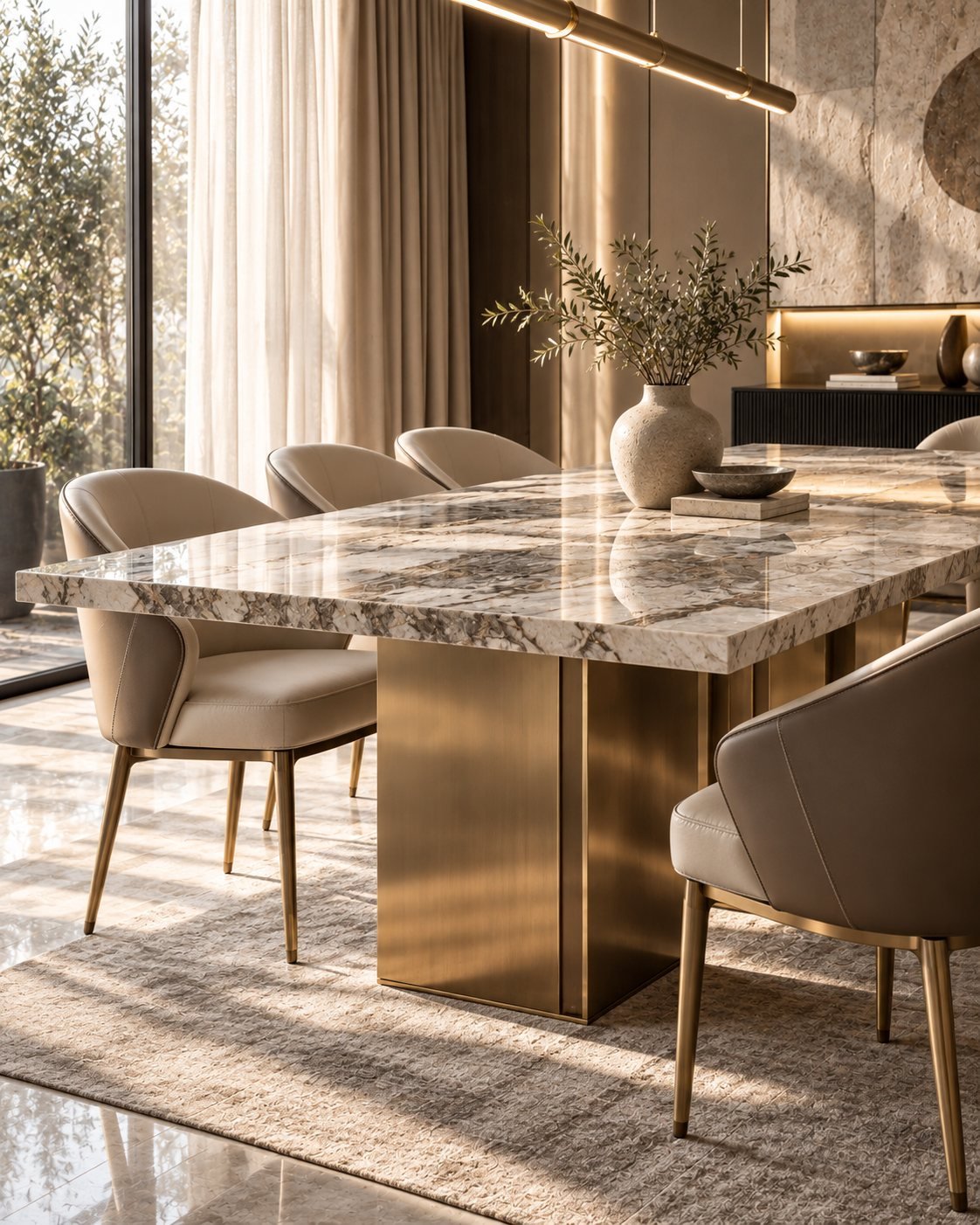 Marble-top dining table with brass base and upholstered chairs