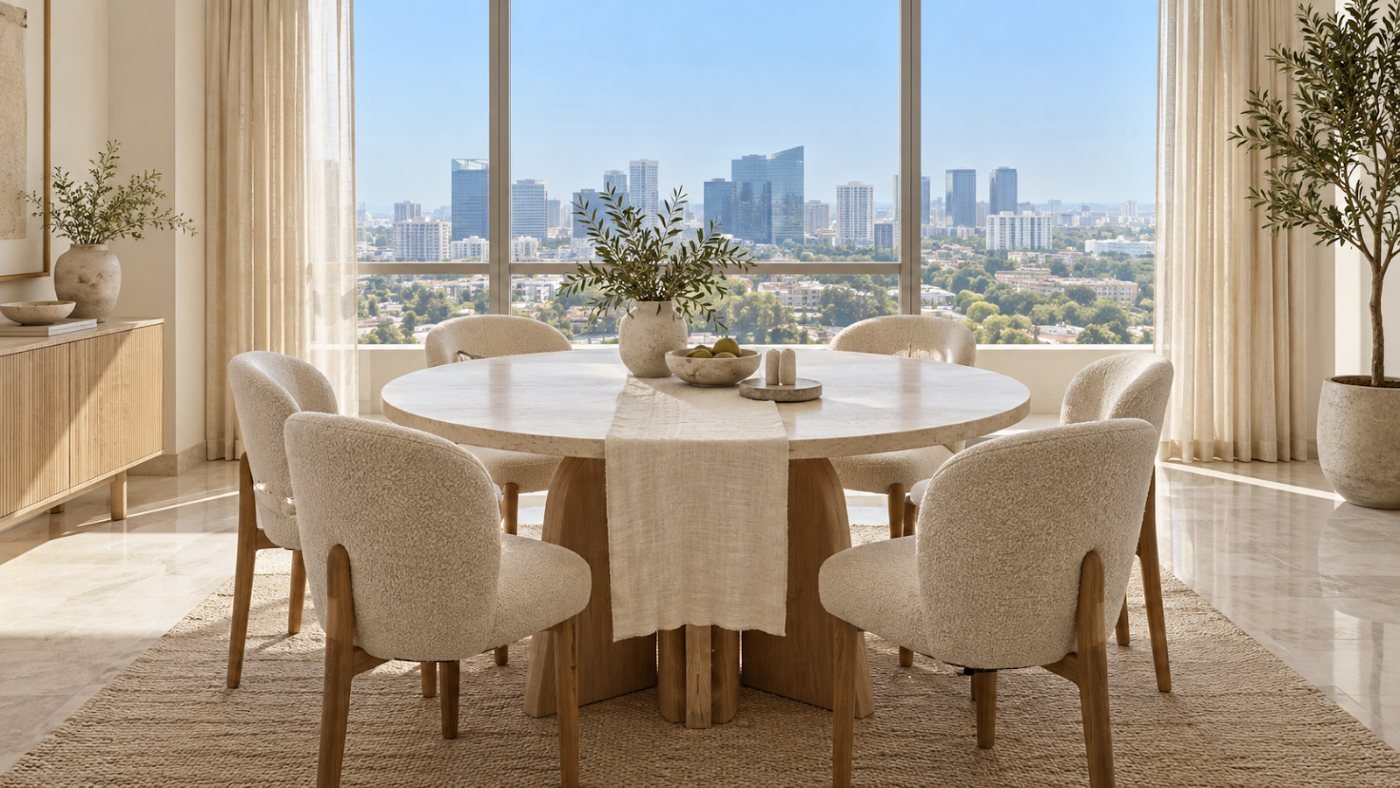 Round dining table with boucle chairs against a city-view window