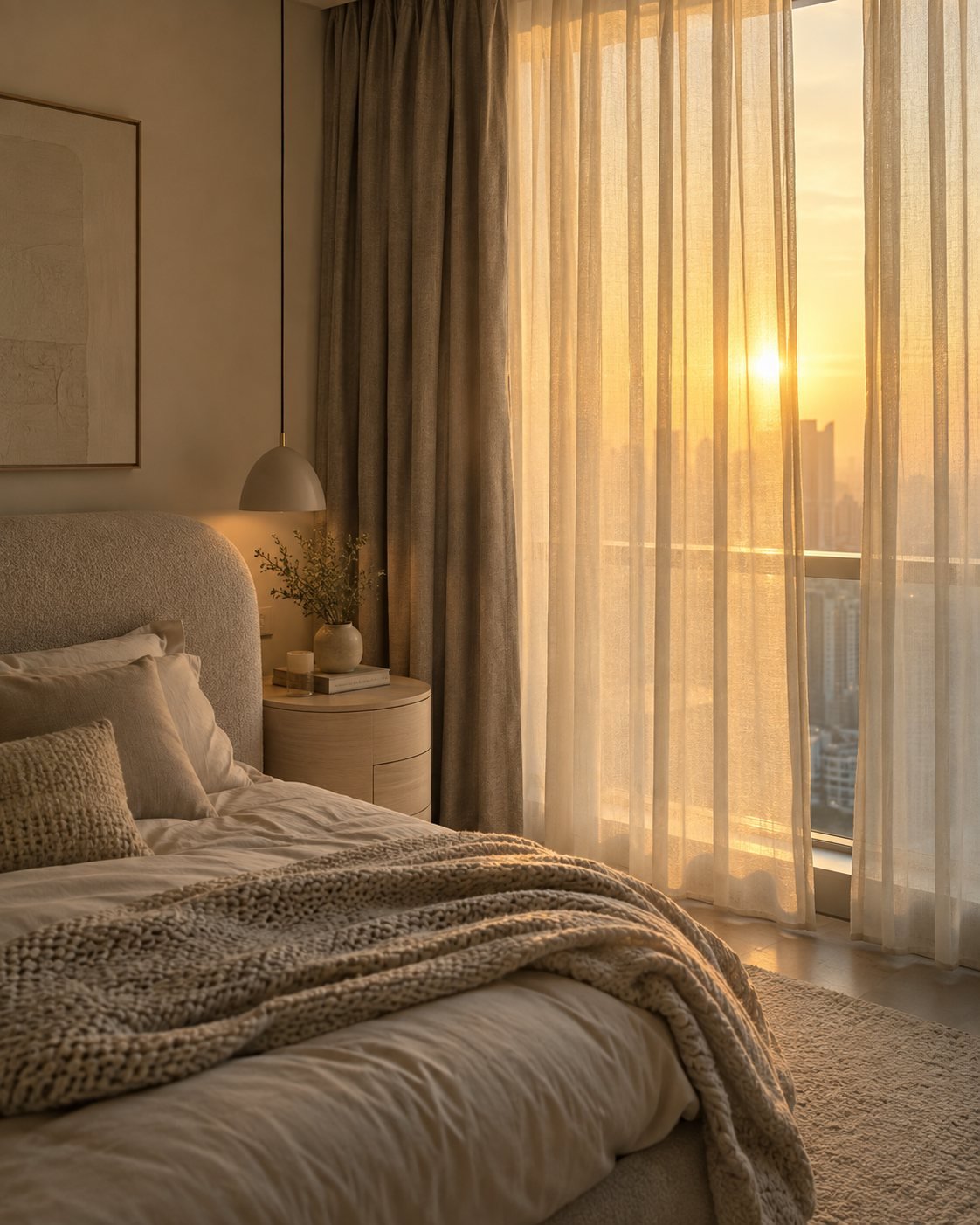 Bedroom with sheer curtains glowing in the evening sun