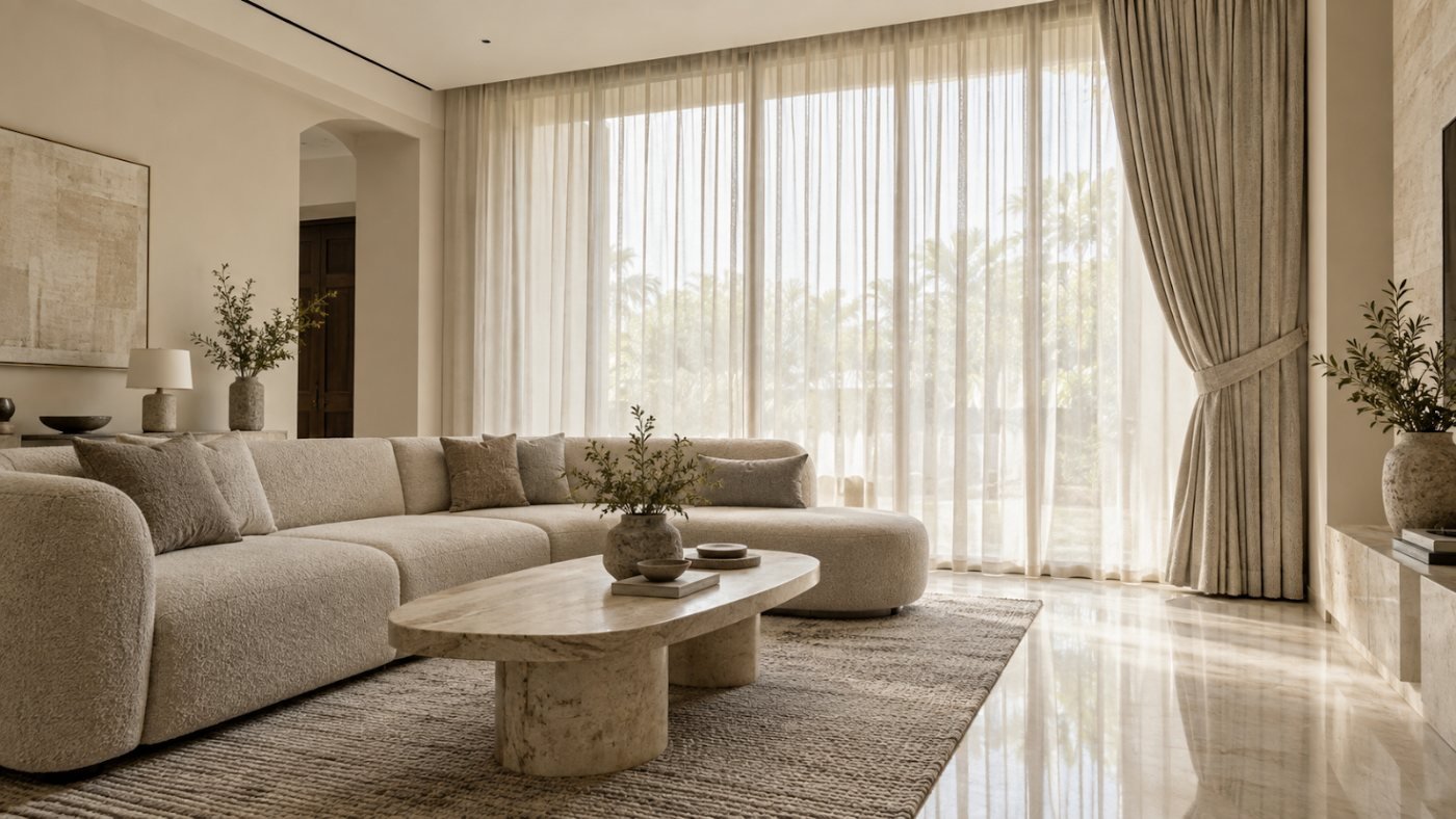 Bright living room with low sofa, stone coffee table and sheer curtains