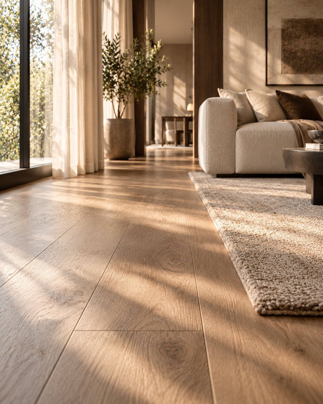 Wide oak plank flooring catching evening light in an open living space