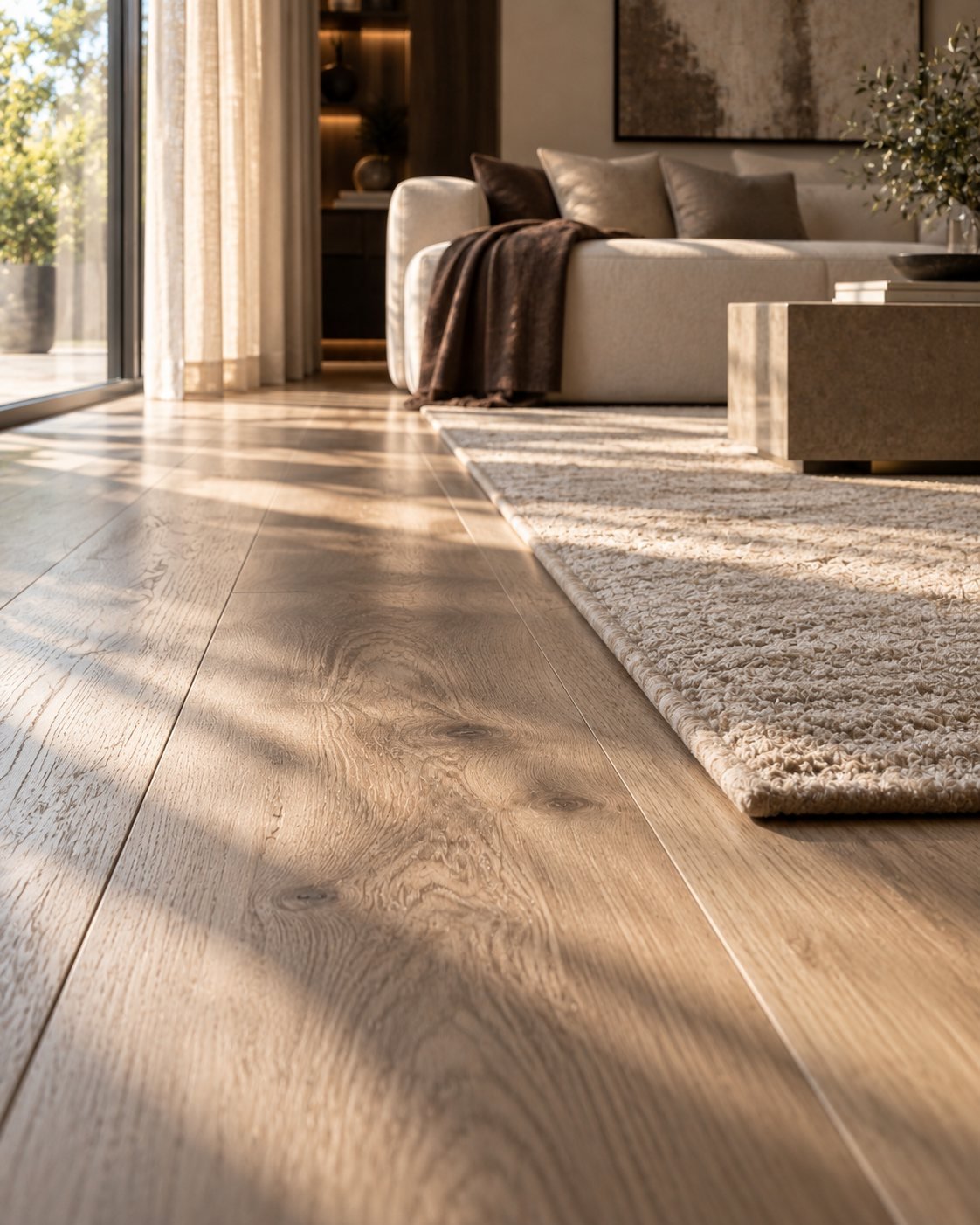 Warm-toned wooden flooring with a textured area rug