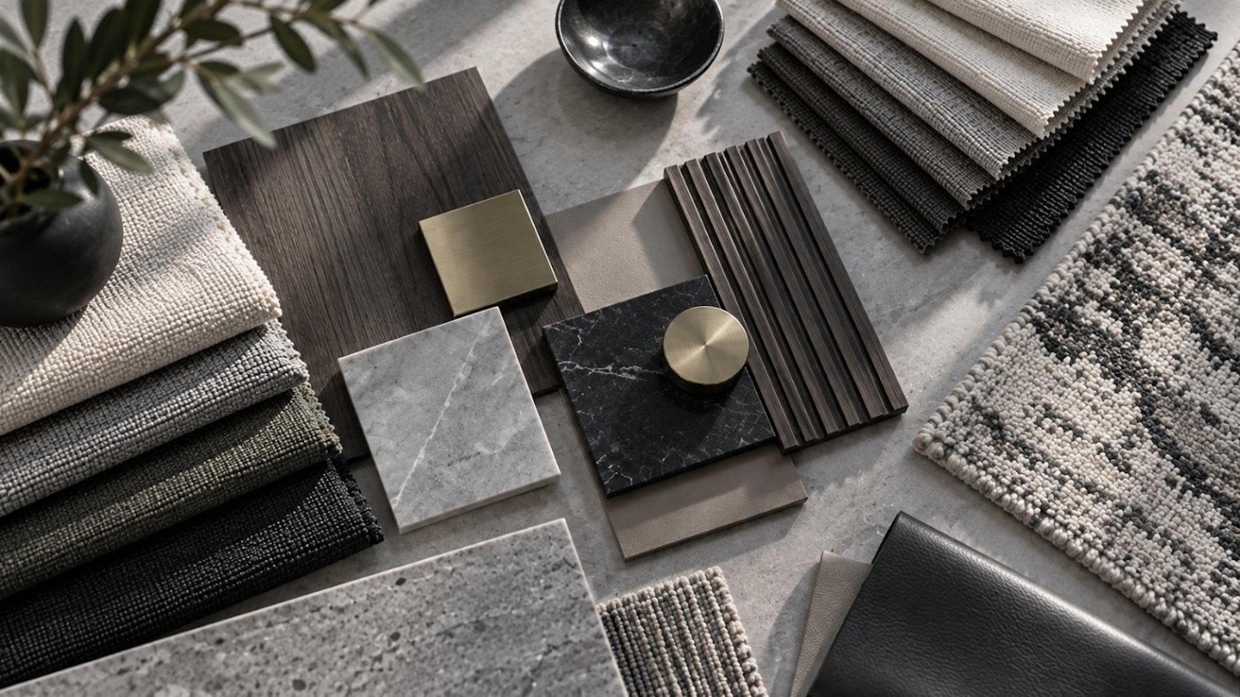 Material board with stone, wood and metal finish samples