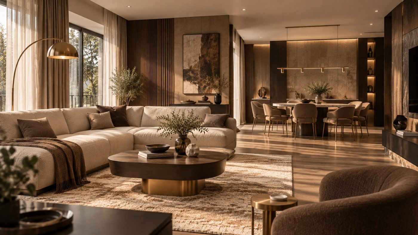 Fully styled living room with sofa, coffee table and layered lighting
