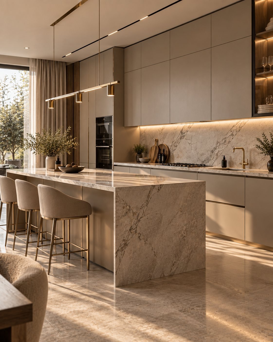 Handleless modular kitchen with warm under-cabinet lighting