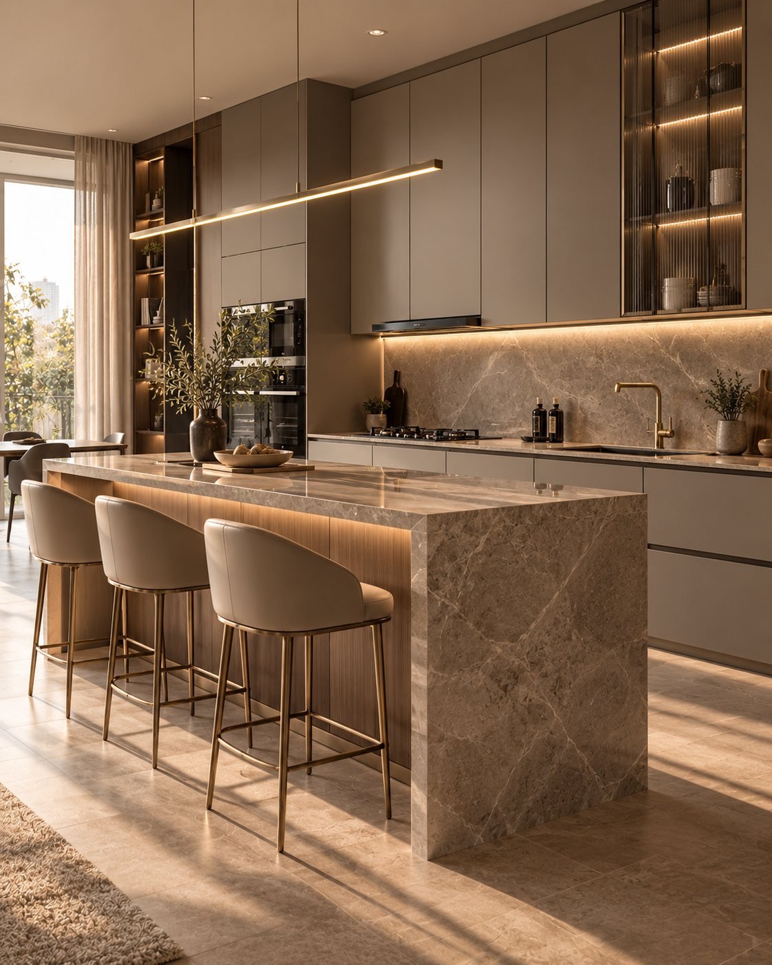 Modular kitchen with a stone island and bar stools
