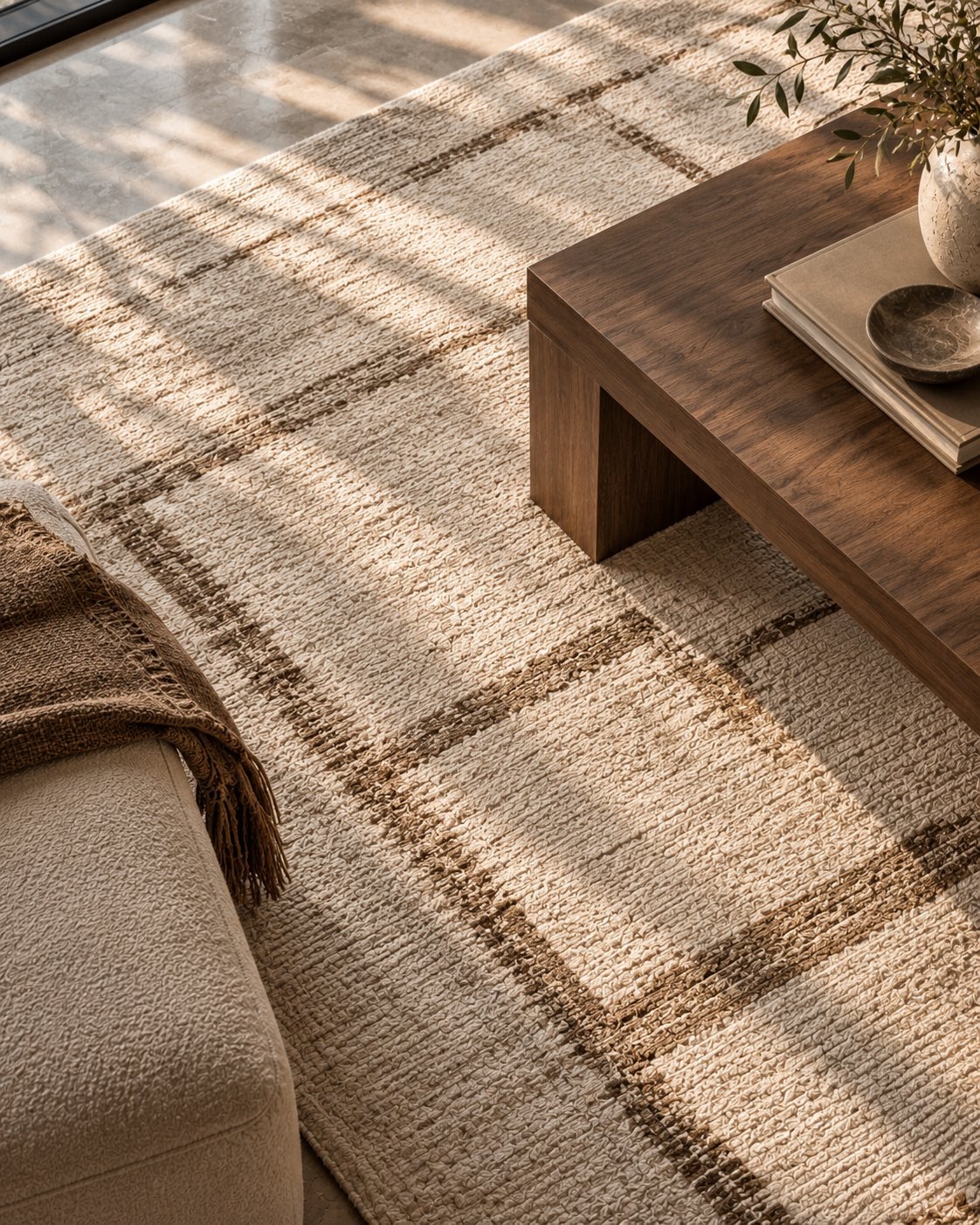 Close-up of a checked wool rug under a walnut coffee table