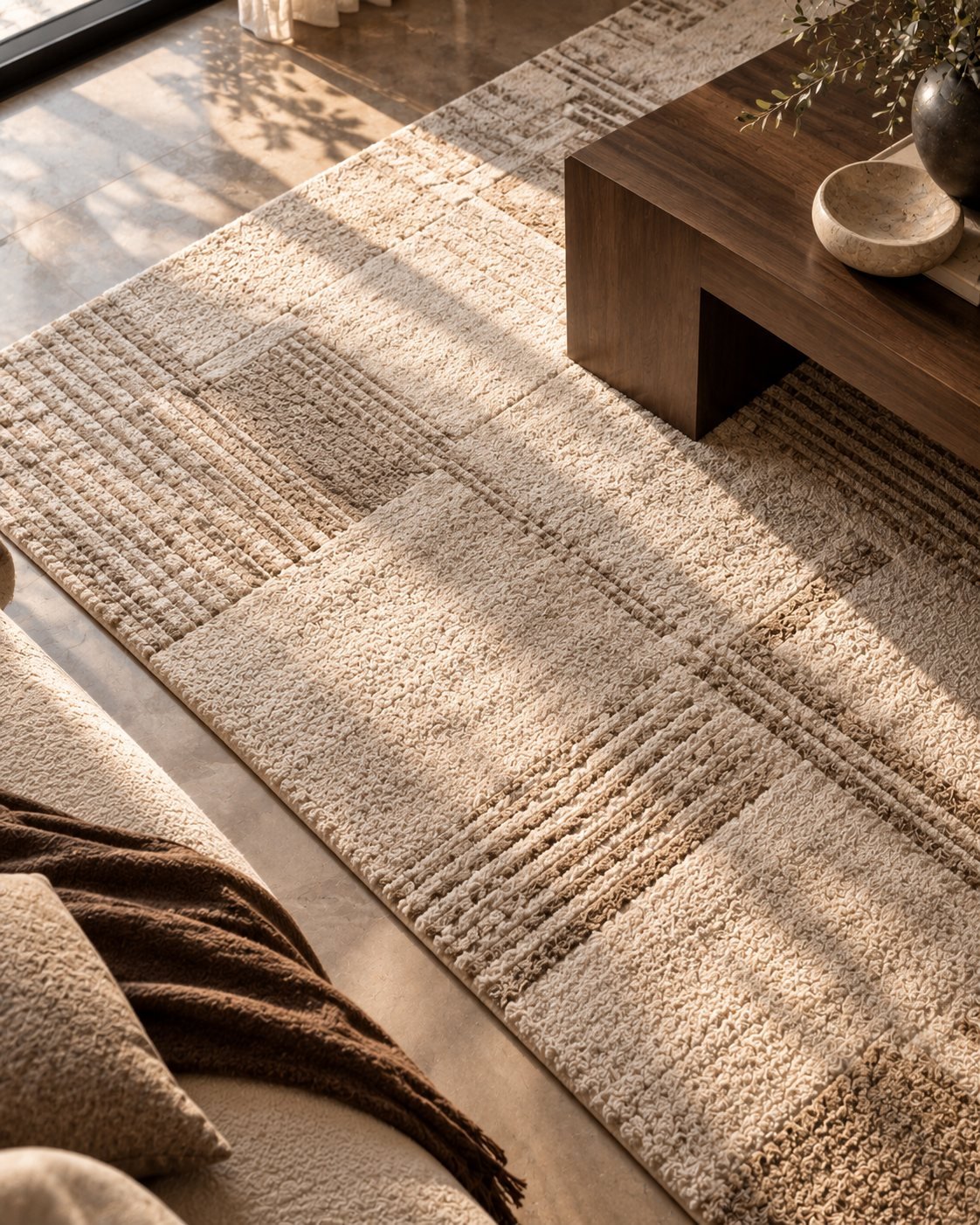 Textured woven rug with a walnut table and throw
