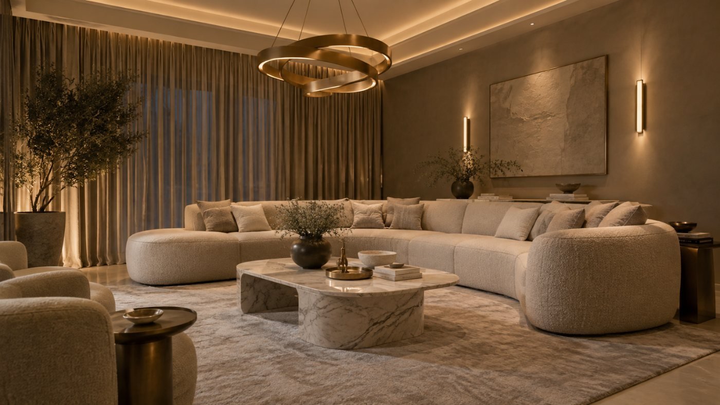 Curved cream sectional sofa with a round stone coffee table in a warm, softly lit living room