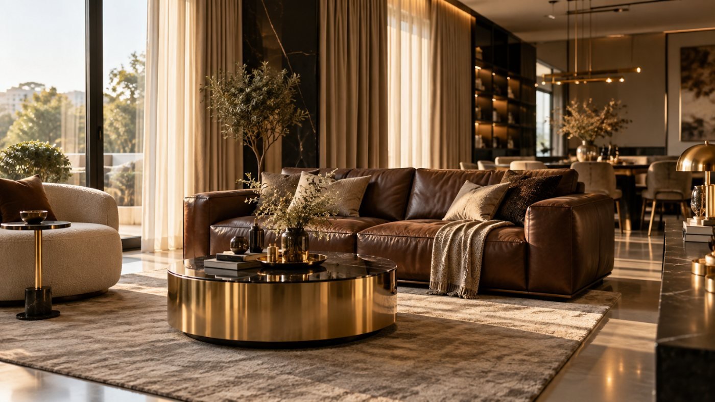 Cognac leather sofa with a brass drum coffee table in a warm living room