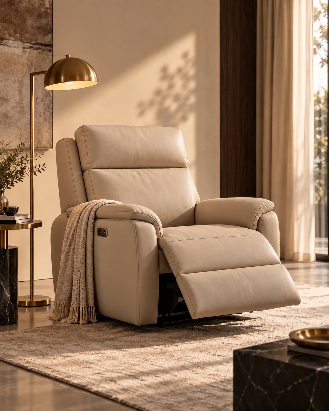Cream upholstered recliner with a throw beside a sunlit window