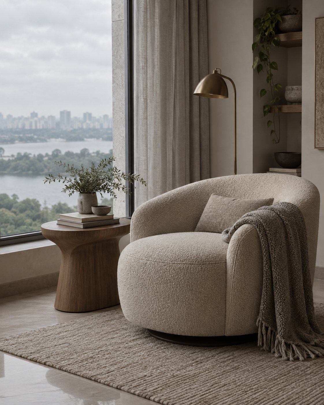 Boucle armchair beside a tall window with sheer curtains