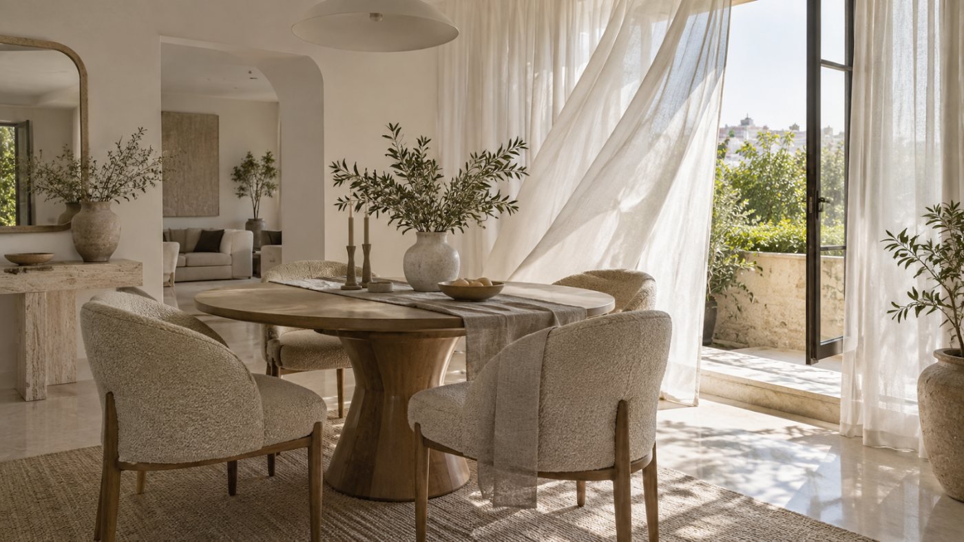 Dining nook with boucle chairs and flowing sheer curtains