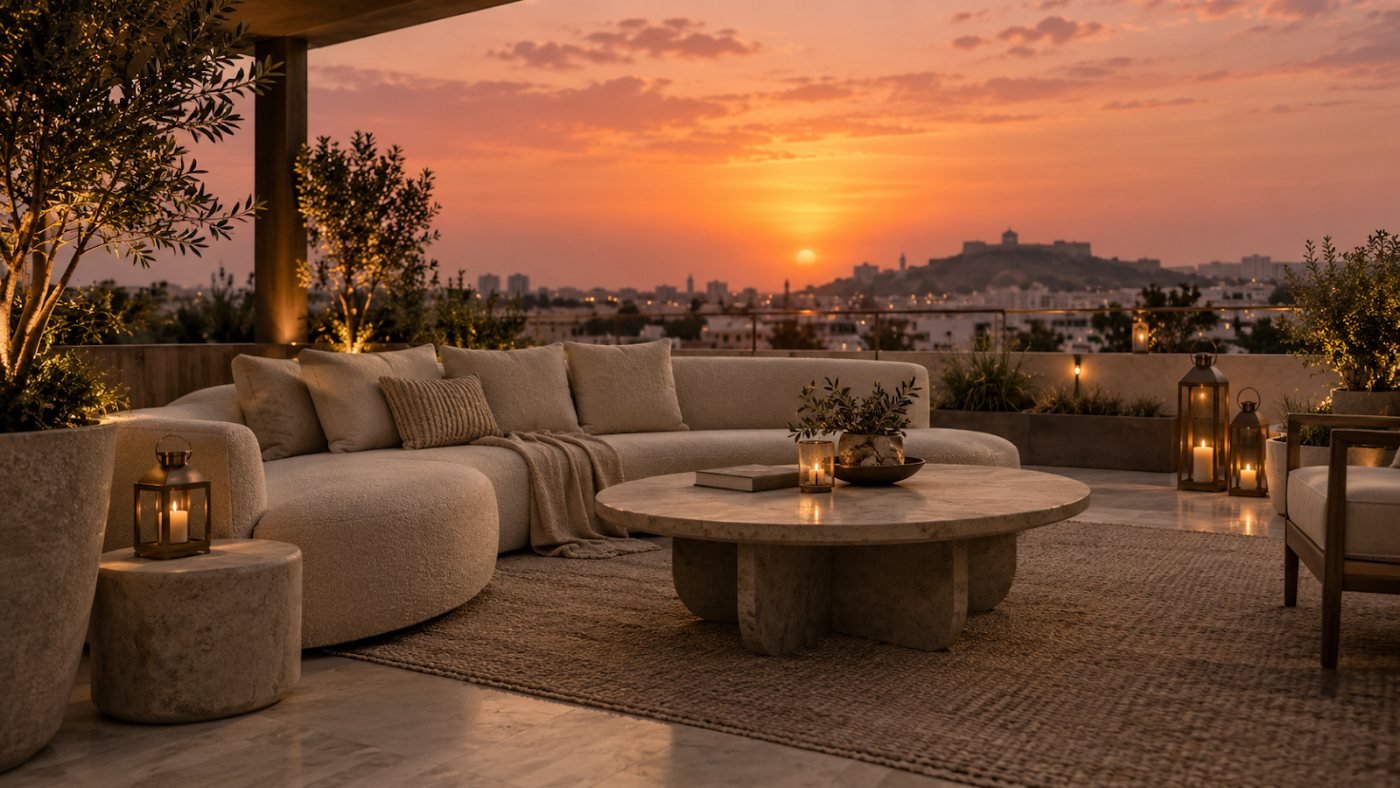 Living room with curved sofa and round coffee table at sunset