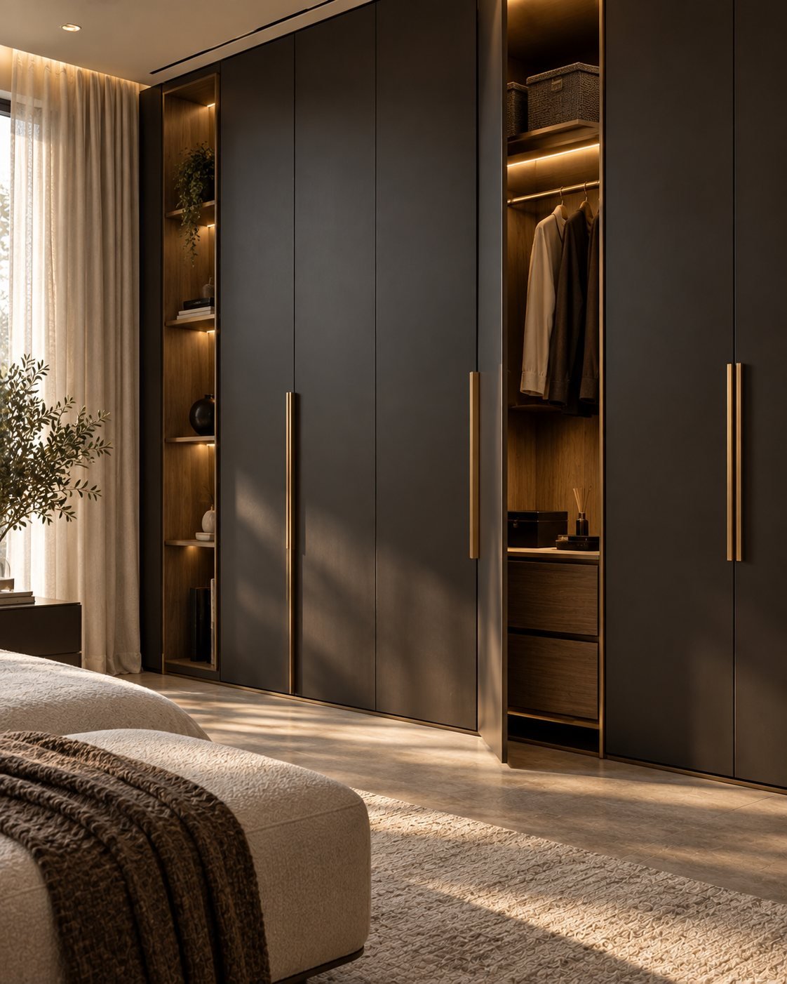 Floor-to-ceiling dark wardrobe with open shelving and warm accent lighting